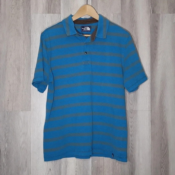 🛍The North Face Blue Grey Striped Polo Short Sleeve‎ Mens Size Medium - Picture 1 of 6